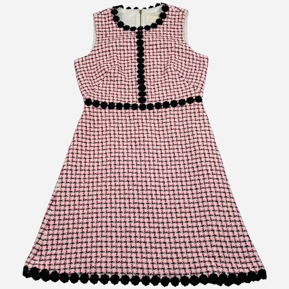 Kate Spade Tweed Dress Womens 8 Pink Sleeveless A Line Floral Trim NJMU8230
